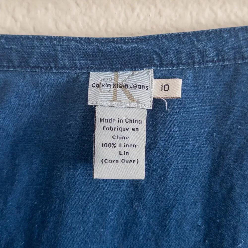 Calvin Klein CK Jeans Size 10 Blue Linen Faux Wrap Maxi Skirt Vintage